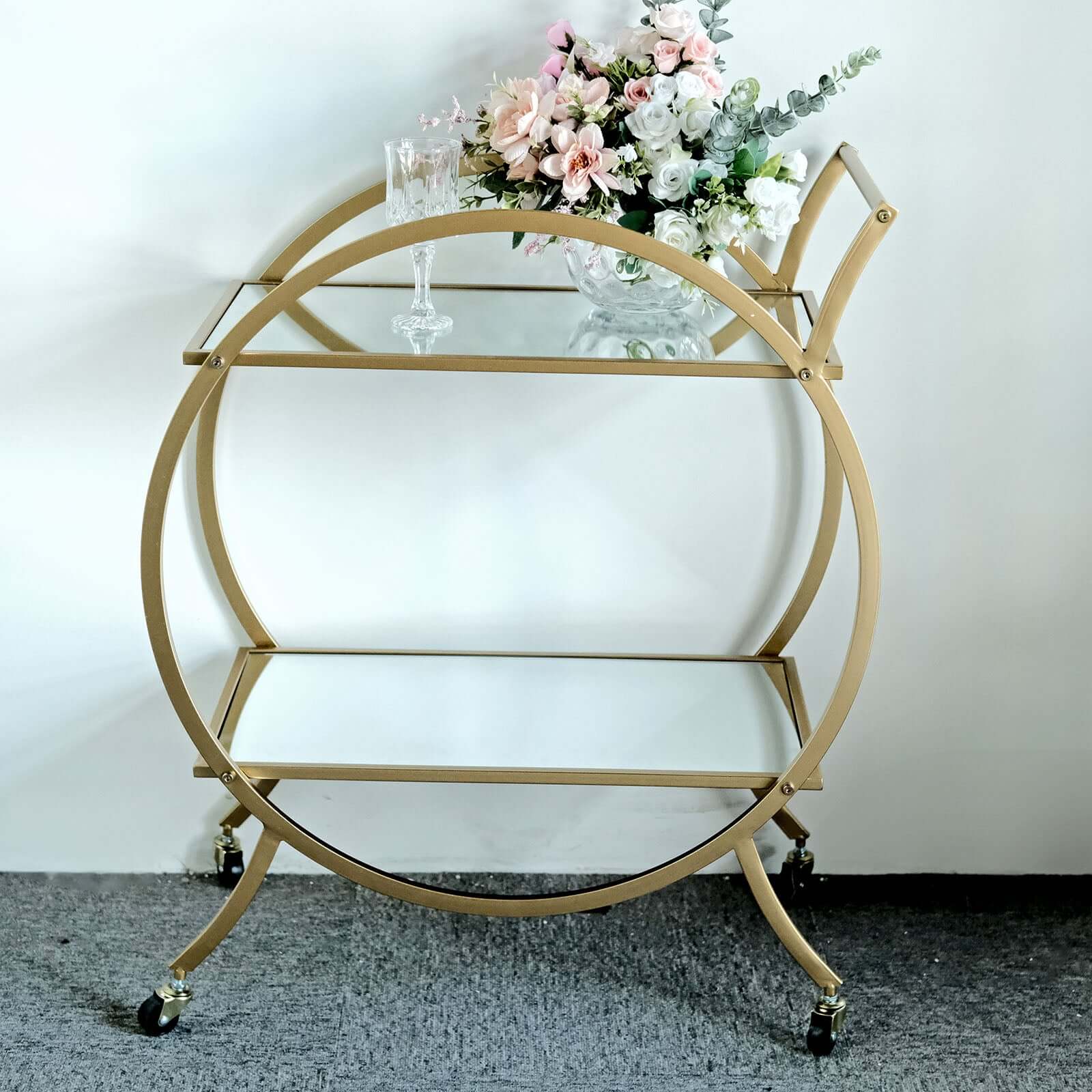 Gold Metal Bar Cart with Mirror Serving Tray 2-Tier - Round Teacart Island Trolley for Events 2.5ft