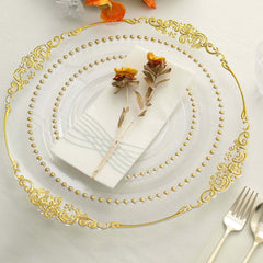 10-Pack Clear Plastic Dessert Plates – 8" Round with Gold Beaded Rim, Disposable for Parties & Events