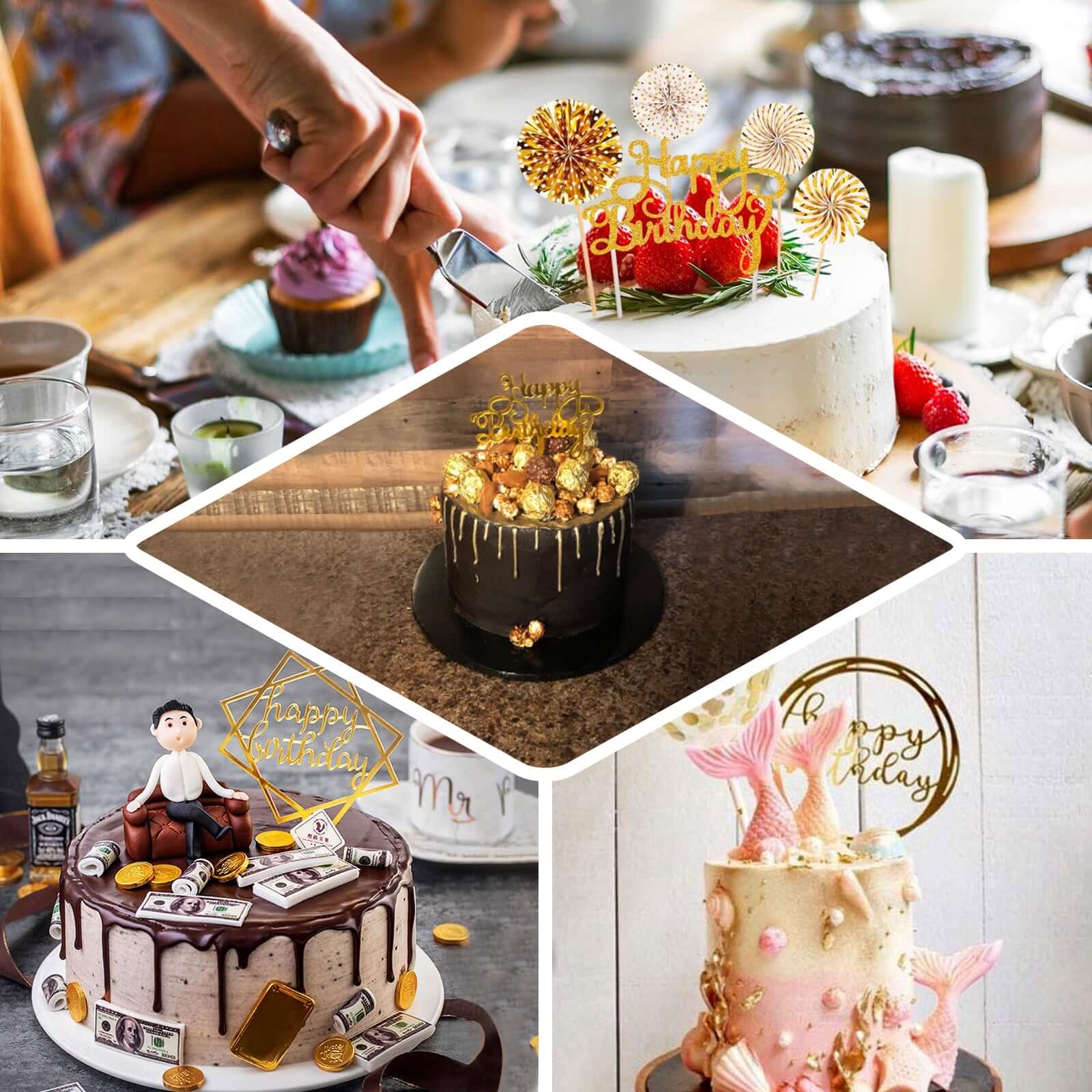 6-Pack Acrylic Happy Birthday Cake Toppers Gold Assorted Styles - Fun Reusable Cake Inserts for DIY Party Decoration Supplies
