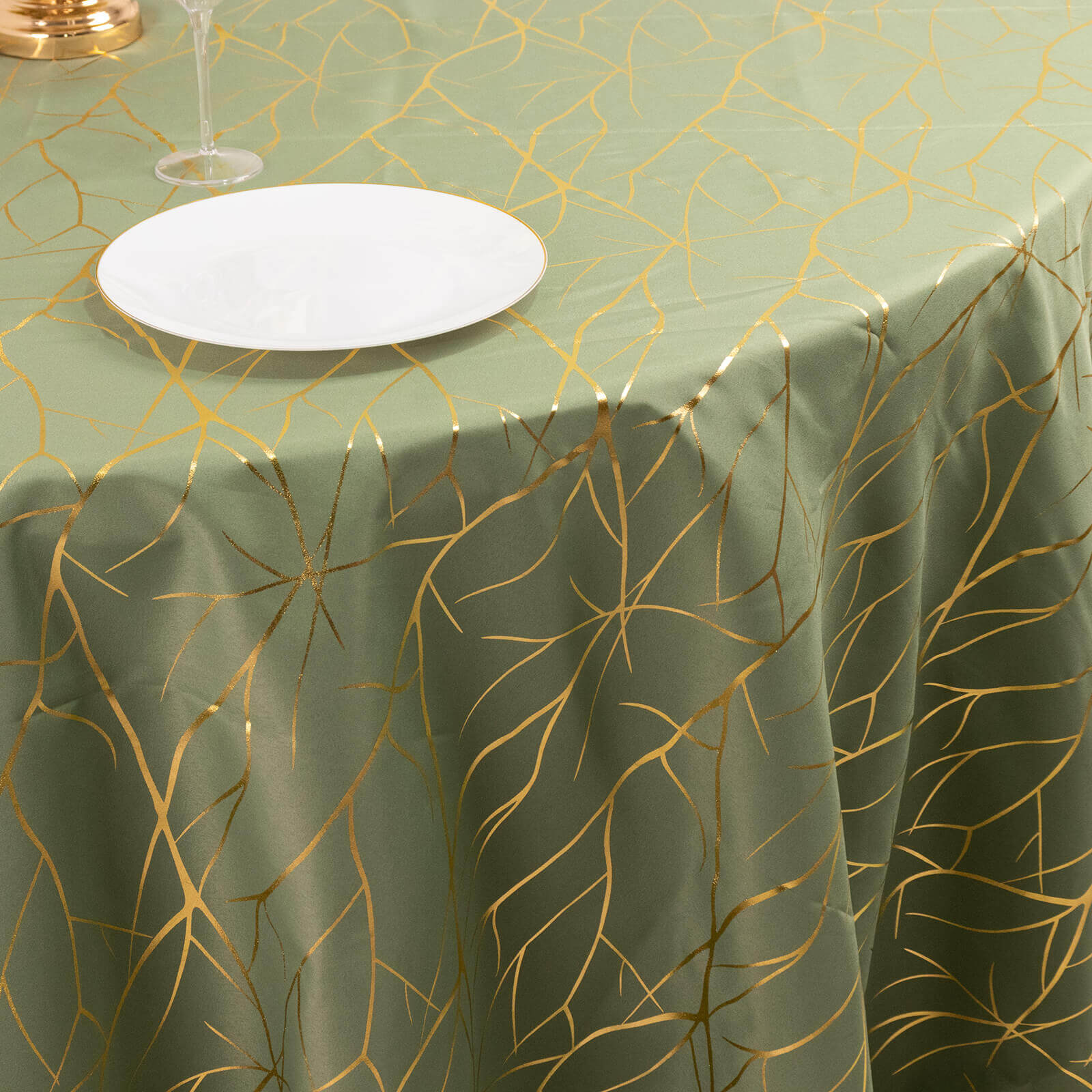 Polyester 120" Round Tablecloth Dusty Sage Green with Gold Foil Tree Branch Pattern - Wrinkle-Resistant Seamless Table Cover for Classy Events