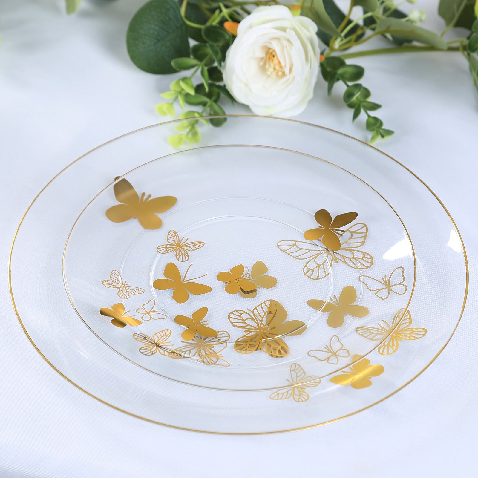 Set of 20 Plastic Round Dinner and Salad Plates in Clear with Gold Butterfly Design & Gold Rim - Stylish Disposable Dinnerware 8", 10"