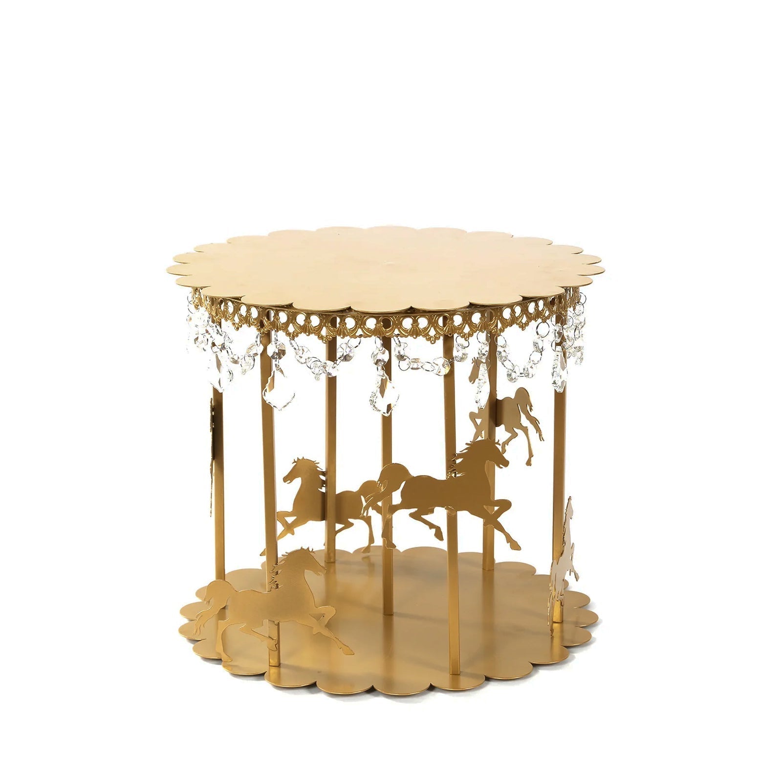 Metal Round Pedestal Cake Stand Gold Carousel Design with Hanging Acrylic Beads for Cupcakes & Pastries 14"