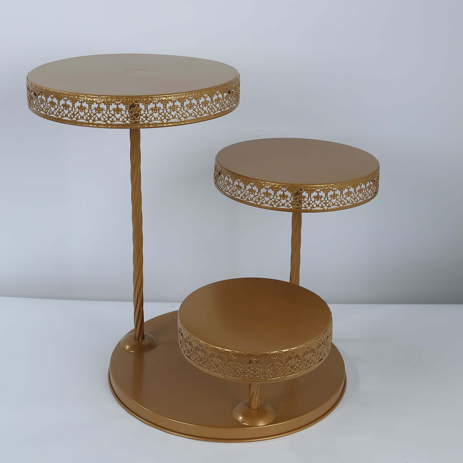 3-Tier Dessert Stand Hollow Lace Round Design Gold - Cupcake Tower and Tiered Cake Display Metal 21"