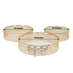 Set of 3 Cake Stands Baroque Ornate Design with Glass Top Gold - Stackable Dessert Display Trays Metal 10", 12", 14"