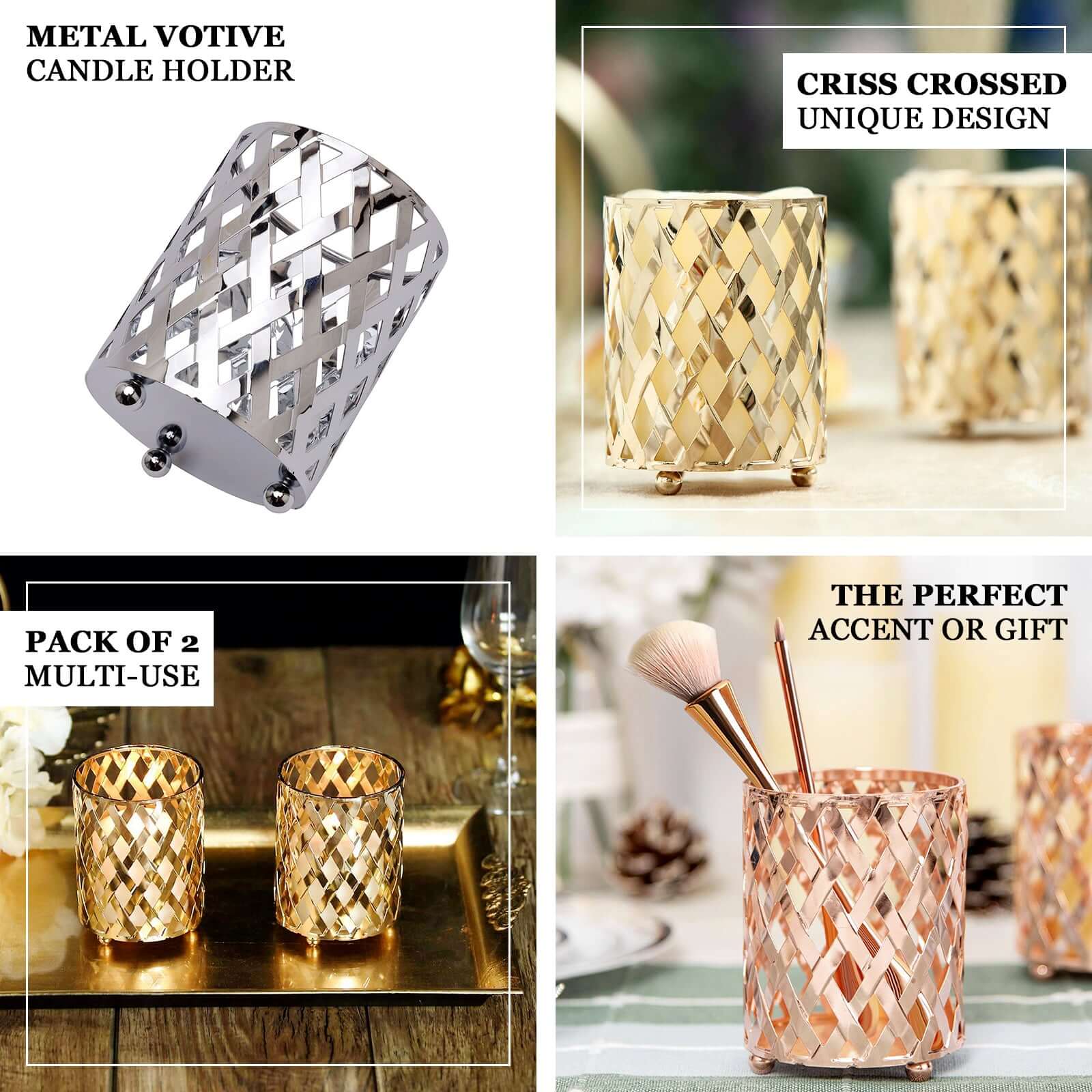 2-Pack Votive Candle Holders Gold Metal Diamond Cut Geometric Design - Perfect for Home Décor and Events 4"