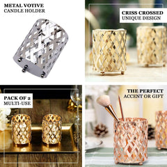 2-Pack Votive Candle Holders Gold Metal Diamond Cut Geometric Design - Perfect for Home Décor and Events 4"