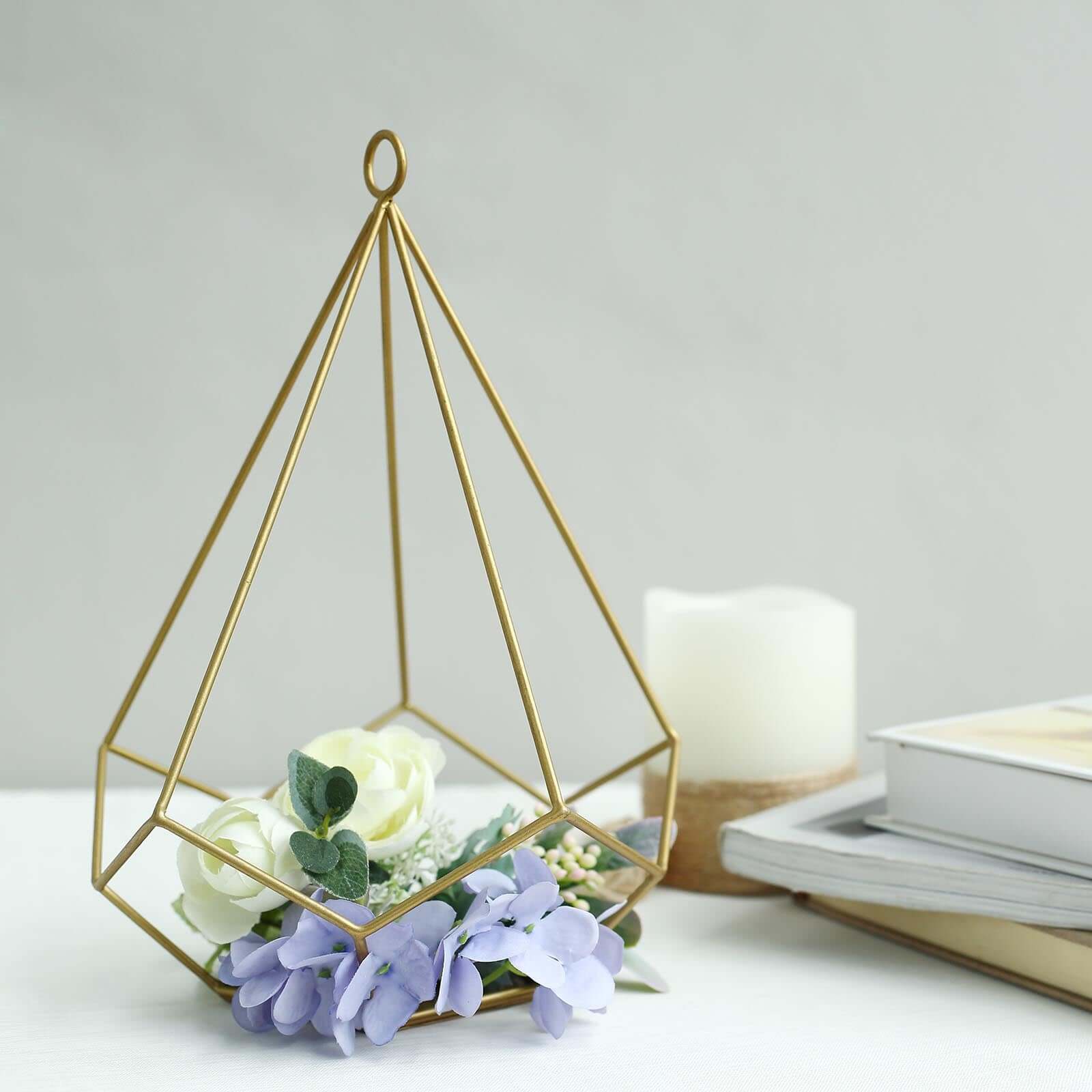 2-Pack Tealight Candle Holders Gold Metal Pentagon Geometric Open Frame - Flower Stand 9"