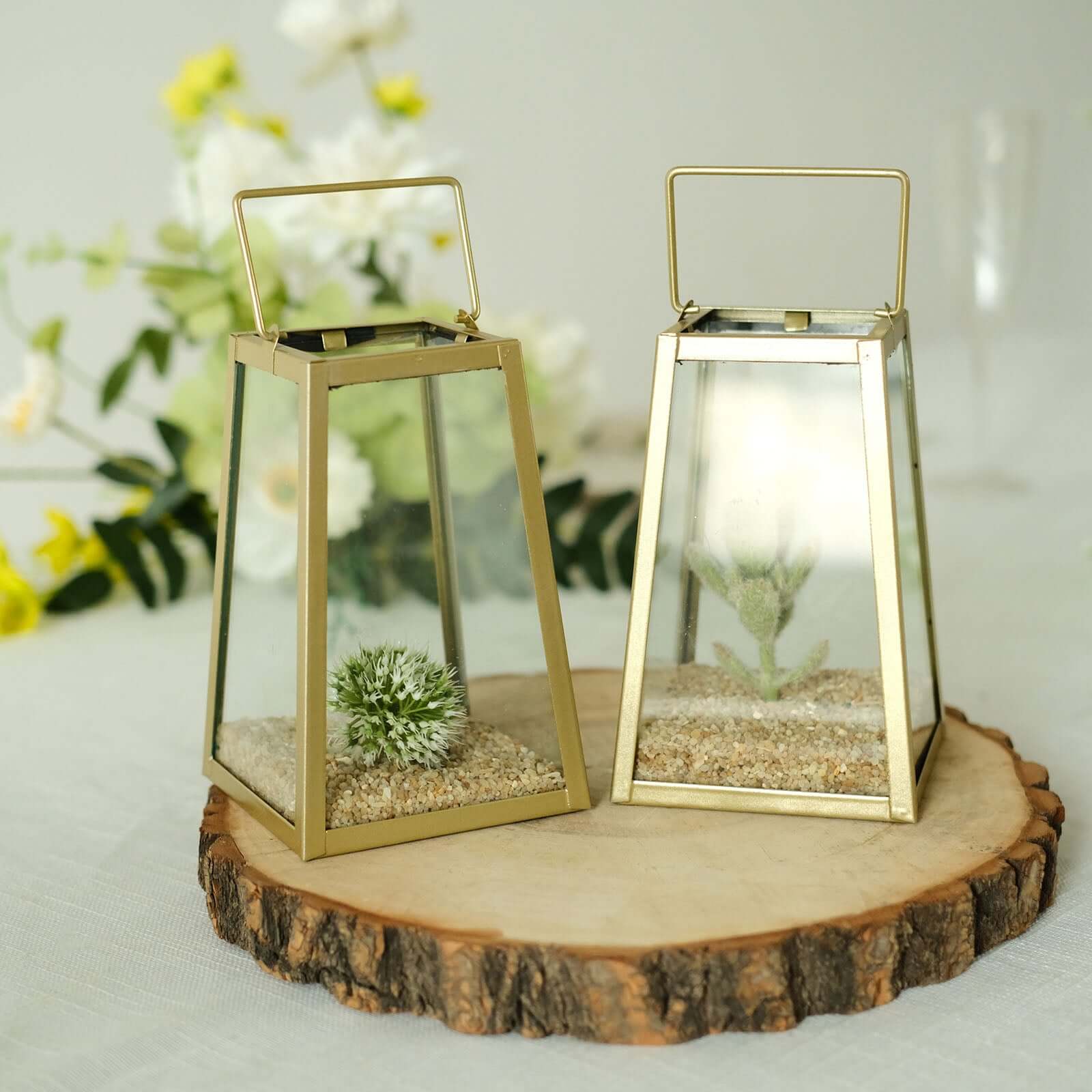 2-Pack Metal Candle Lanterns Trapezoid Geometric Design Gold - Hanging Terrariums Table Centerpieces for Indoor/Outdoor 6"