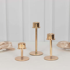 Set of 3 Metal Taper Candlestick Holders Gold with Round Base - Hurricane Candle Stands 3.5", 5.5", 8"
