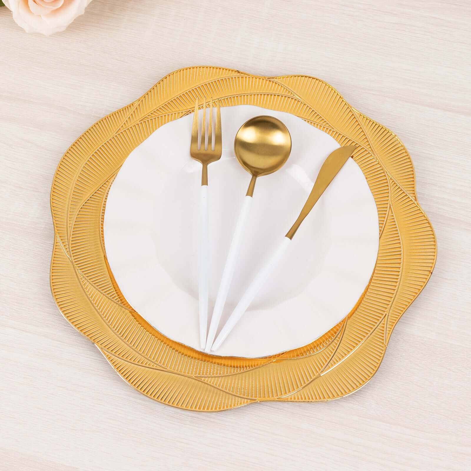 6-Pack Acrylic Round Charger Plates 13" in Metallic Gold with Ribbed Rose Pattern, Event Tabletop Decorative Charger Tableware