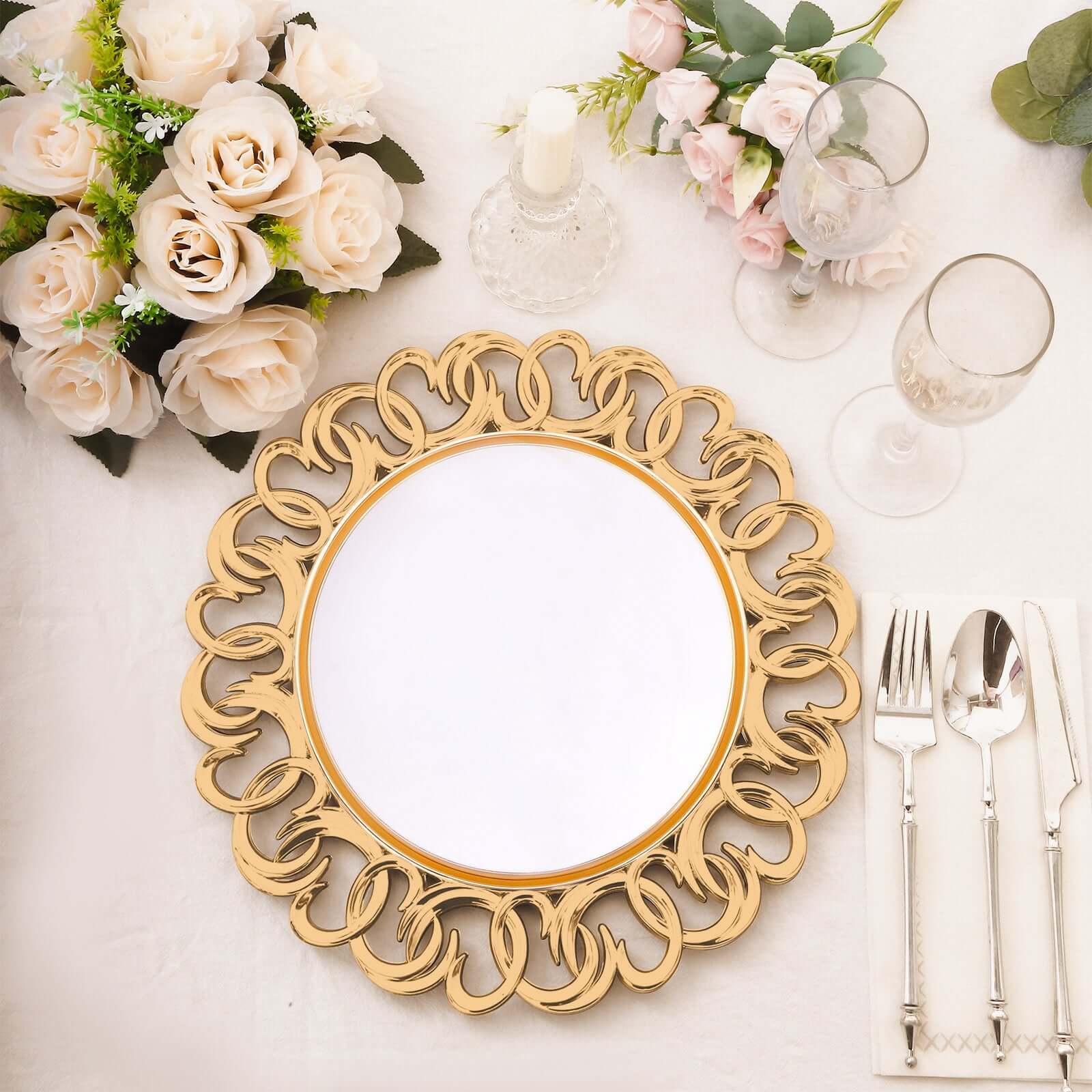 6-Pack Plastic Round Charger Plates 13" in Gold with Entwined Swirl Rim, Plastic Disposable Decorative Chargers