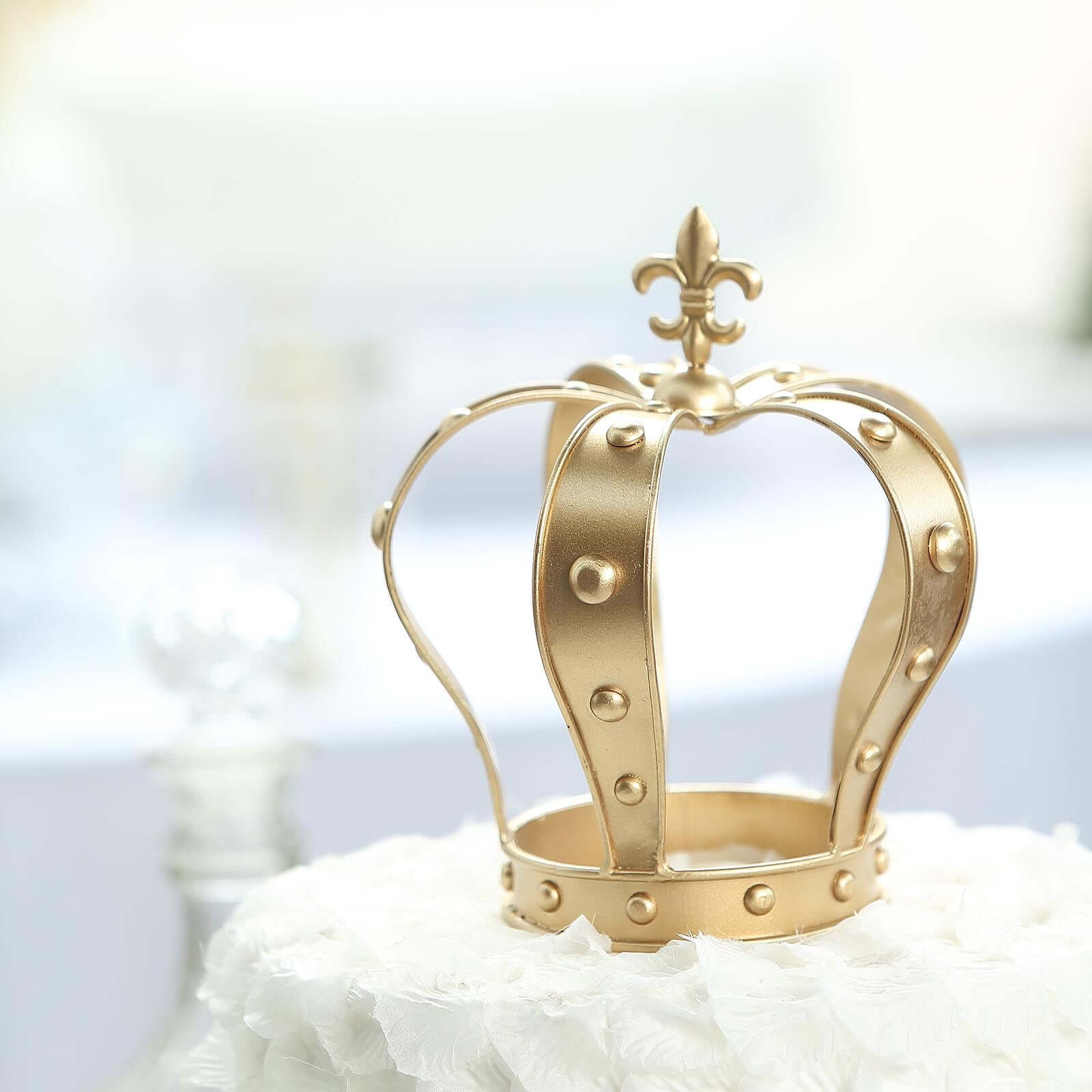 Metal Royal Crown Cake Topper 8" Gold Fleur-De-Lis Top - Refined Cake Centerpiece Decoration for Upscale & Royal-Themed Events