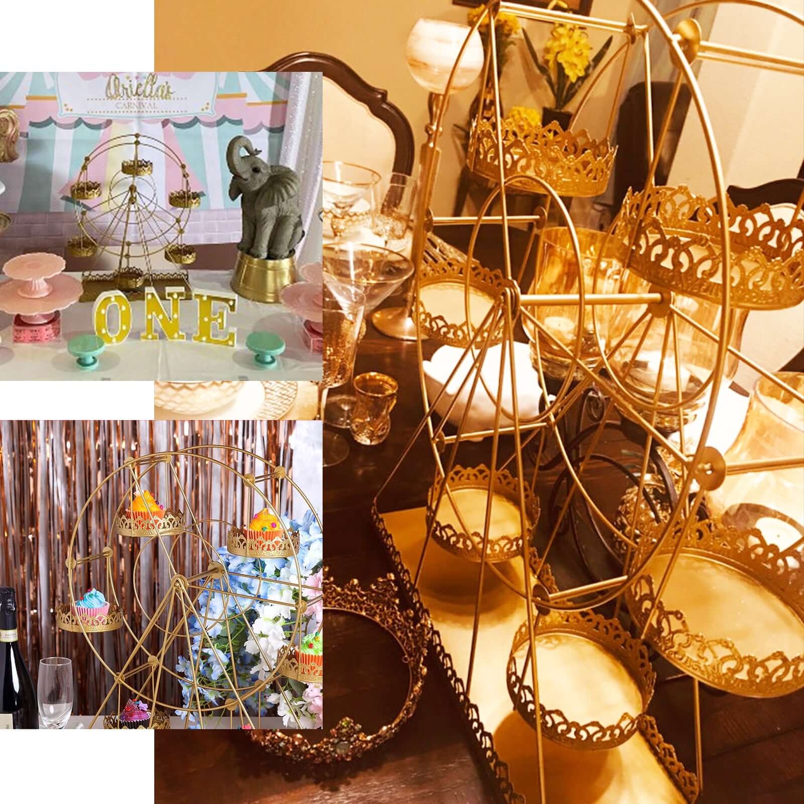 Metal Ferris Wheel Cupcake Holder Gold - Large Decorative Rotating Dessert Display Stand for Carnival-Themed Events Baby Showers & Weddings 23"