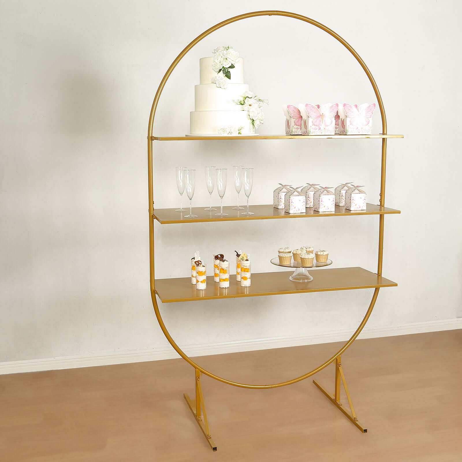 3-Tier Metal Oval Cupcake Dessert Stand Gold for Luxurious Event and Party Settings 6.5ft