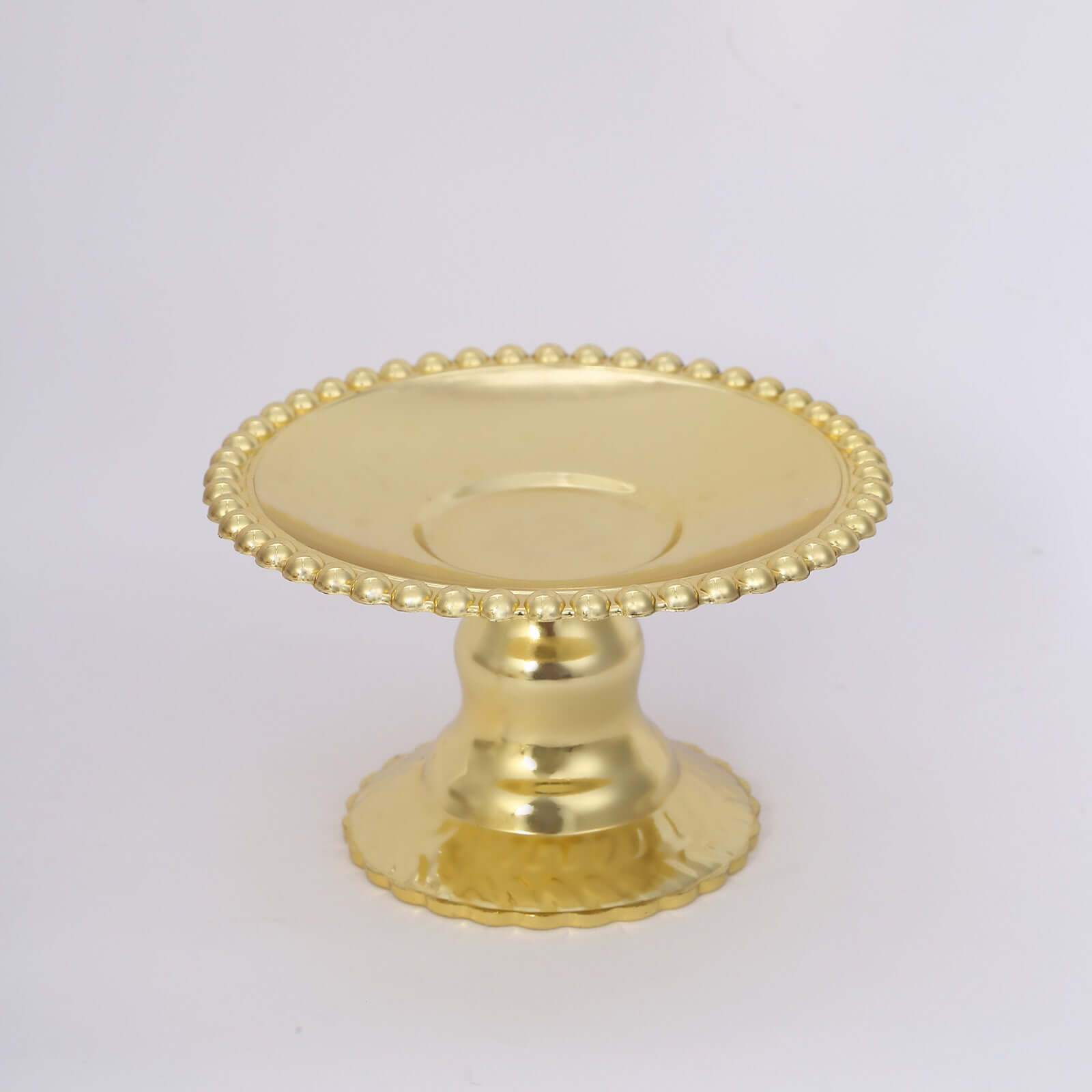 12-Pack Plastic Pedestal Cupcake Plates Mini Gold Mirror Finish Beaded Rim - Great for Displays 5"