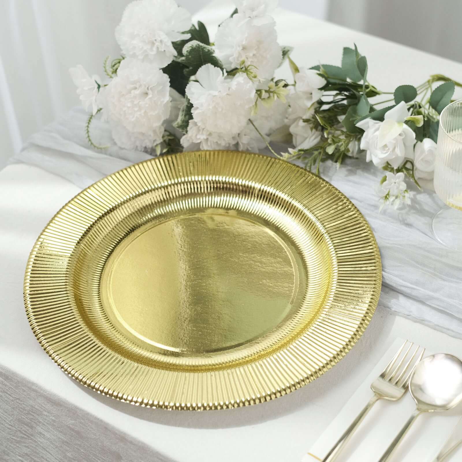 25-Pack Paper 10" Round Dinner Plates in Metallic Gold Sunray Design - Disposable Heavy Duty 350GSM Party Plates