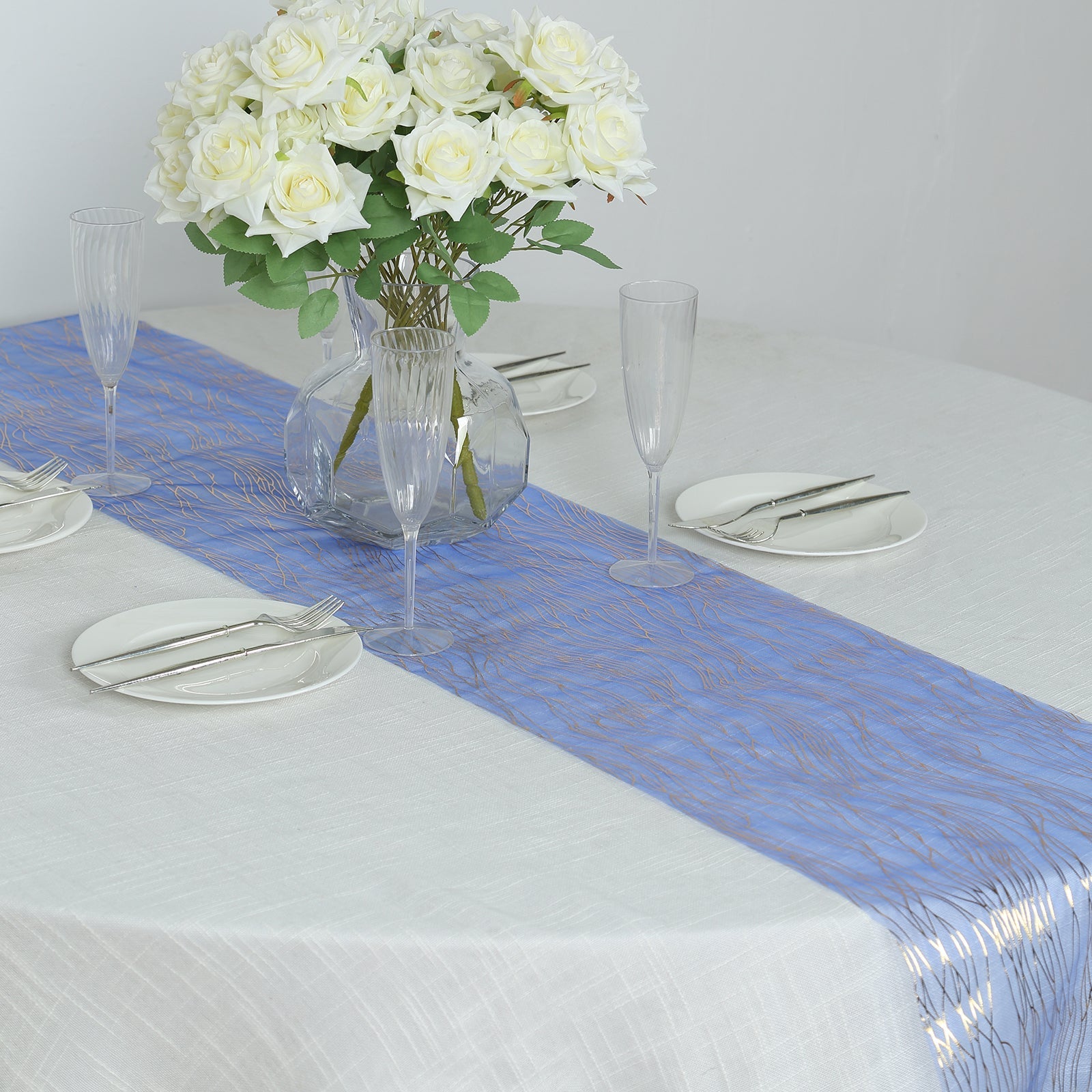 5 Pack Organza 12"x108" Table Runners Royal Blue - Gold Wave Design
