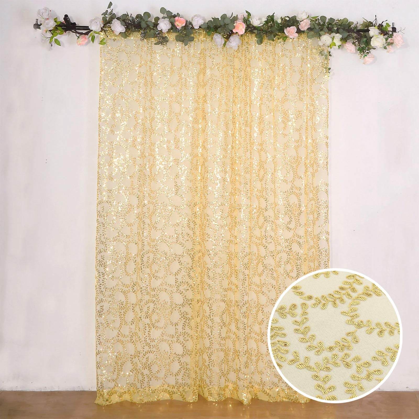 8ftx8ft Gold Embroider Sequin Event Curtain Drapes, Sparkly Sheer Backdrop Event Panel With Embroidery Leaf