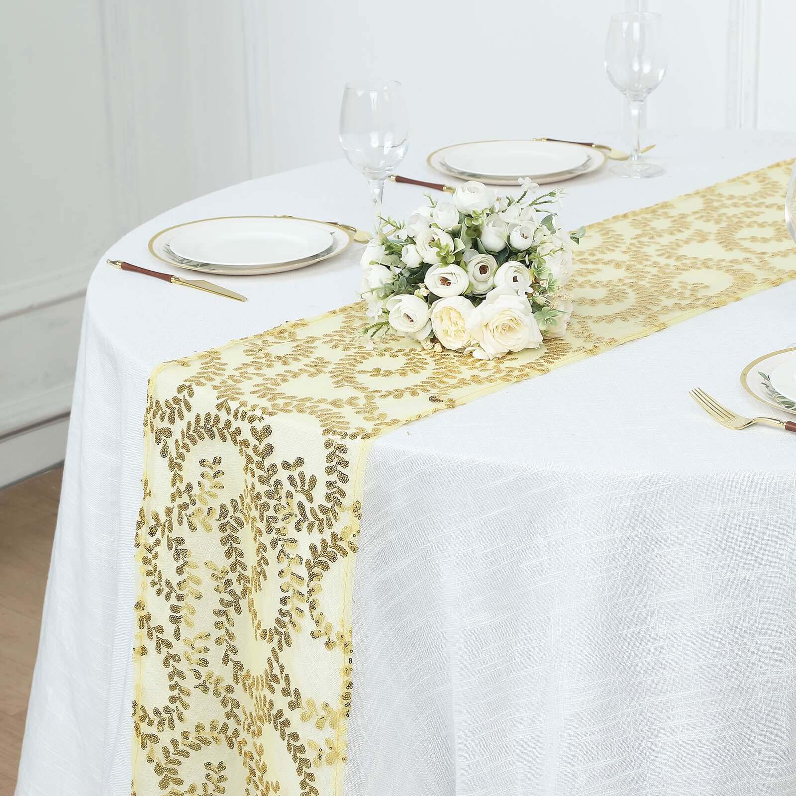Mesh 12"x108" Table Runner Gold - Leaf Vine Sequin Embroidered Design for Sophisticated Occasion