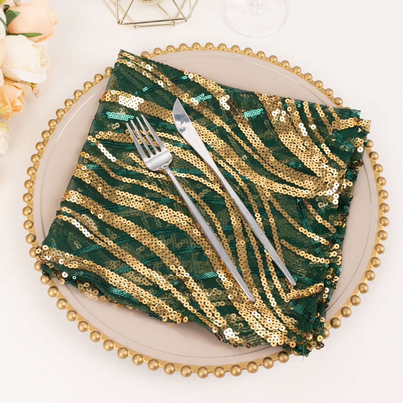 Sequin Mesh 20"x20" Napkin Hunter Emerald Green Gold - Wave Embroidered Reusable Napkin