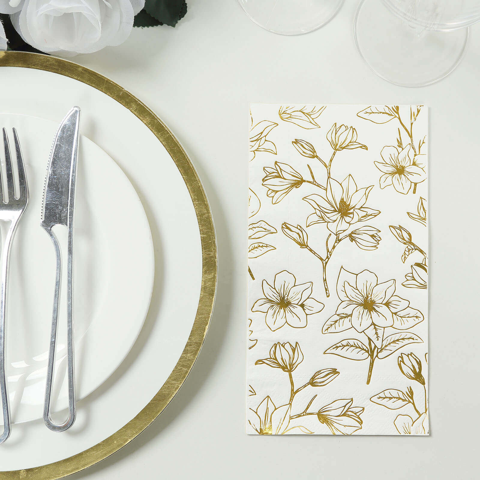 50-Pack Paper Dinner Napkins White with Gold Magnolia Flowers Print 2-Ply - Disposable Soft Napkins for Parties