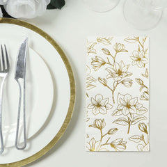 50-Pack Paper Dinner Napkins White with Gold Magnolia Flowers Print 2-Ply - Disposable Soft Napkins for Parties