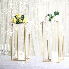 2-Pack Wedding Flower Stand Gold Metal Geometric Column Frame Rectangular - Versatile Floral Pedestal for Sophisticated Arrangements 24"
