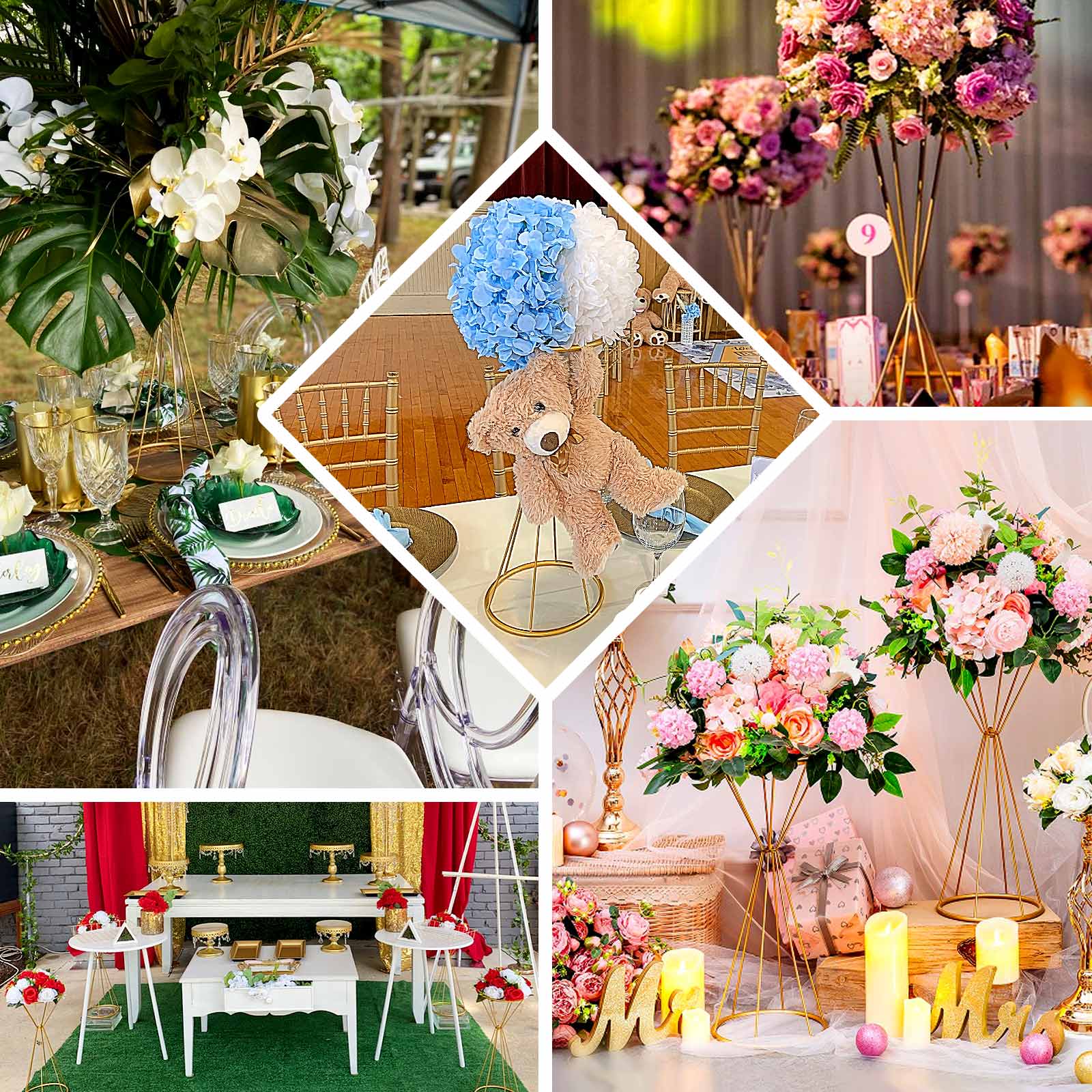 Dual Cone Reversible Flower Stand Gold Metal Geometric Pedestal - Wedding Centerpiece 27"