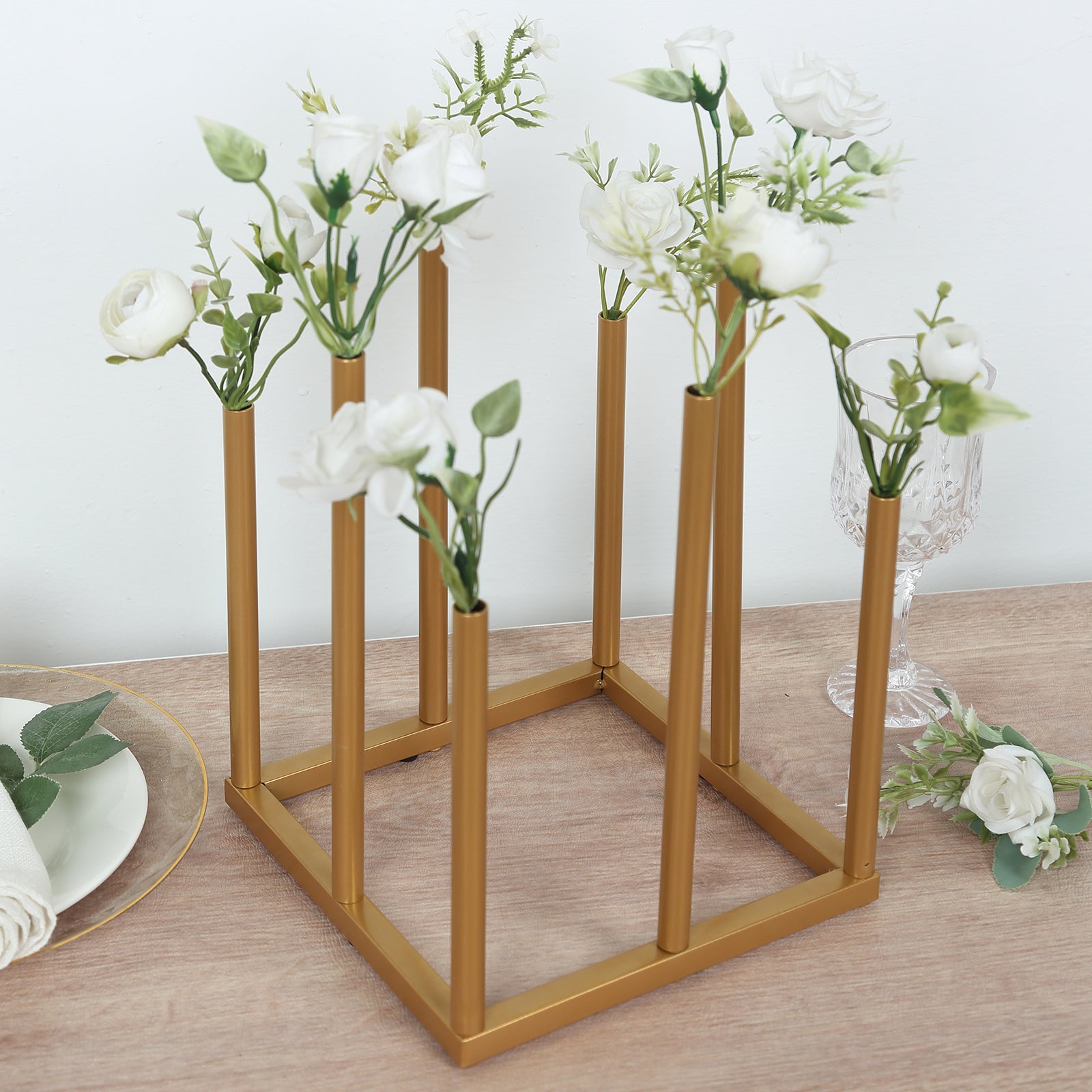 Flower Vase Gold Metal Minimalist 8-Tubes Square Base Design - Single Stem Bud Centerpiece for Arrangements 10"