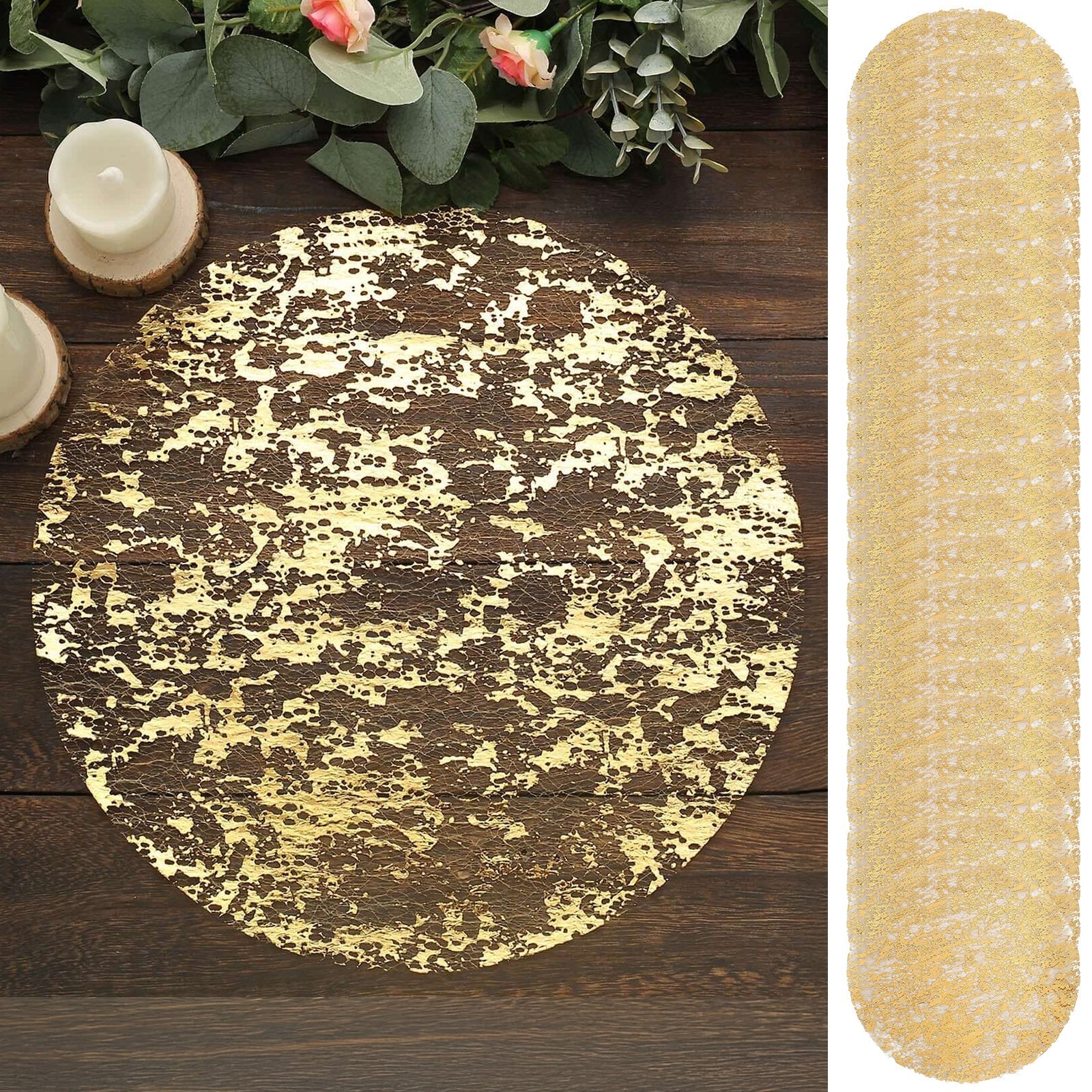 50-Pack Table Placemats Foil Design Metallic Gold Round - Mesh Disposable Shiny Dining Mats 13"