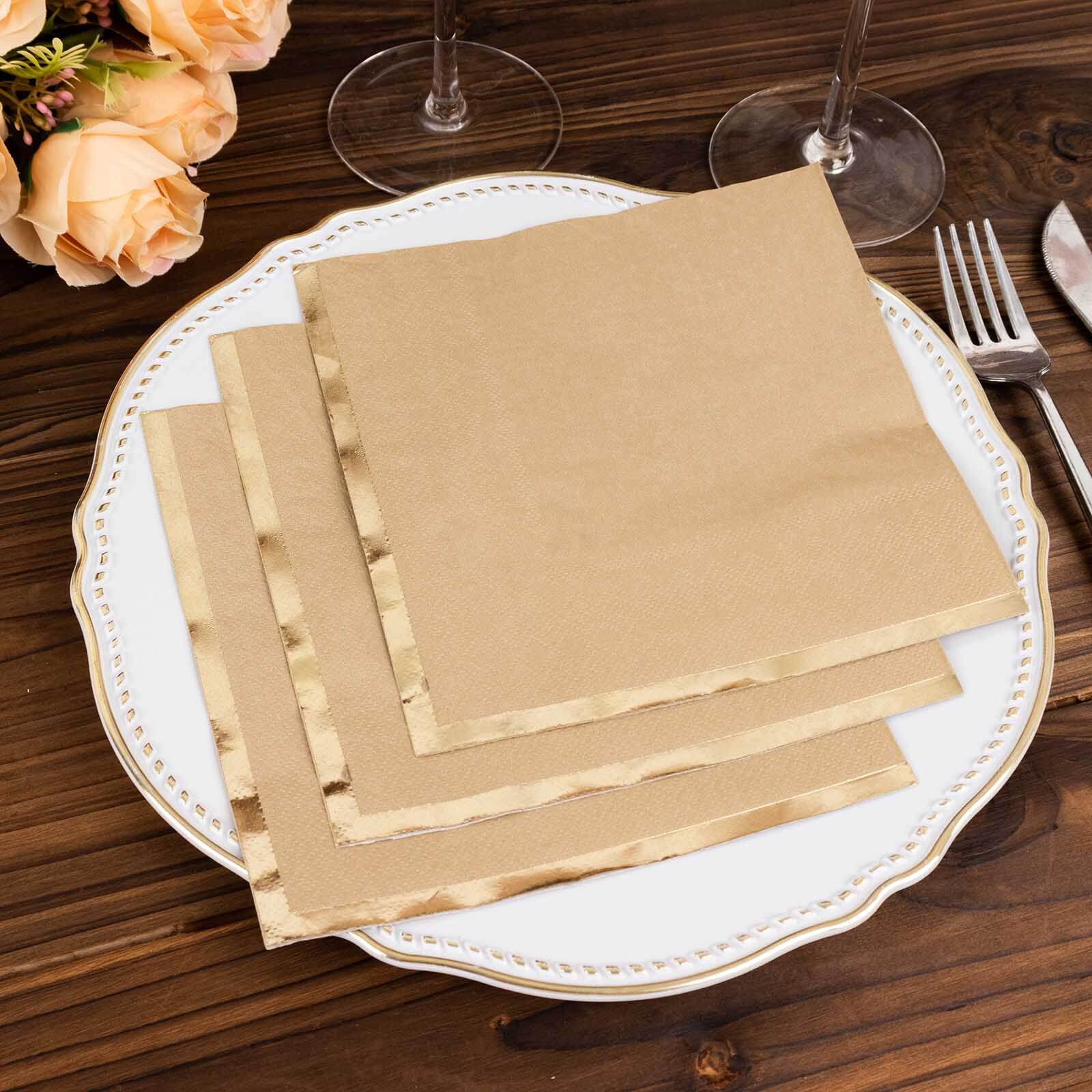 50-Pack Paper Beverage Napkins with Gold Foil Edge Natural - Disposable 2 Ply Cocktail Napkins for Events 6.5"x6.5"