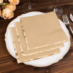 50-Pack Paper Beverage Napkins with Gold Foil Edge Natural - Disposable 2 Ply Cocktail Napkins for Events 6.5"x6.5"