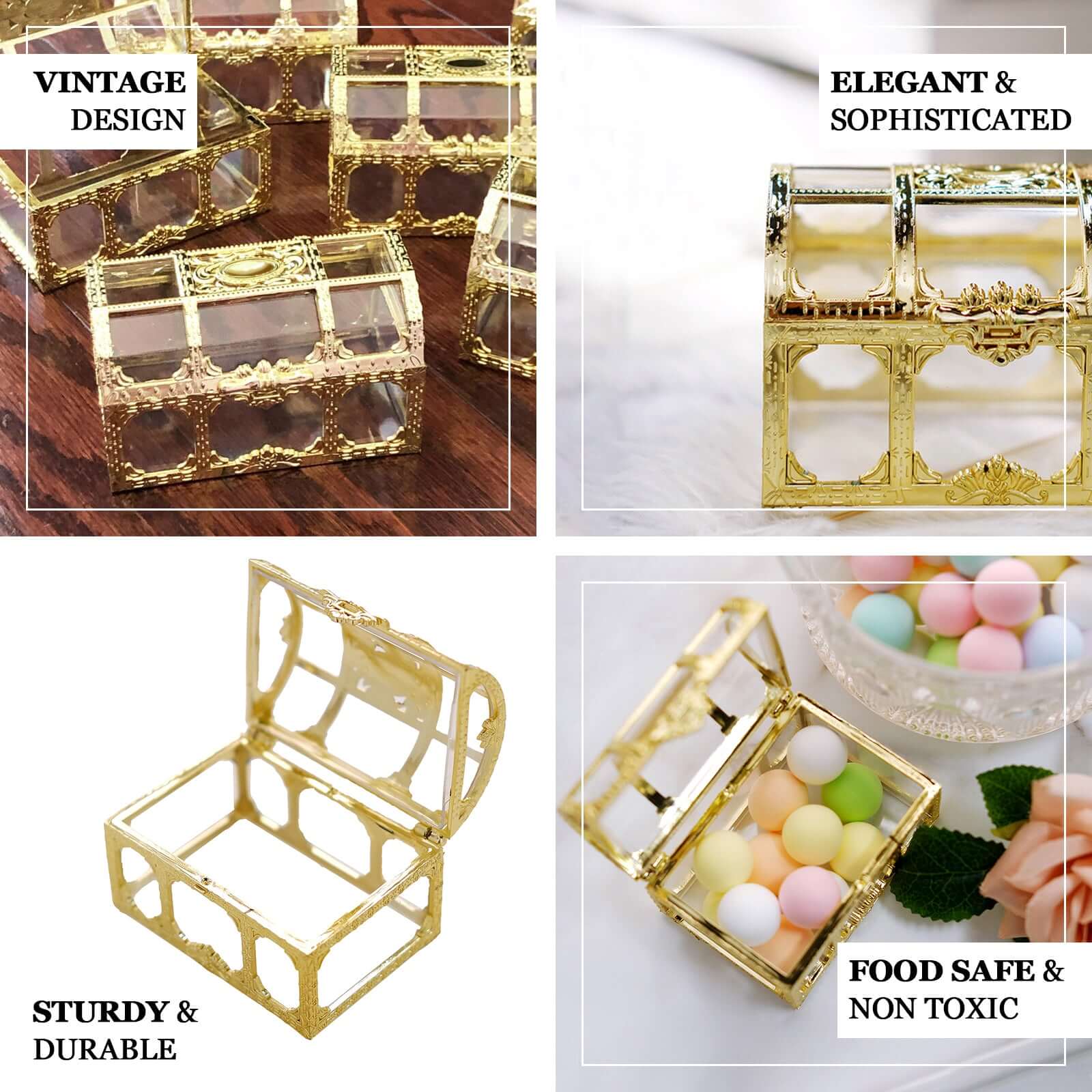 12-Pack Vintage Jewelry Box Candy Containers Clear Gold - Stylish Treasure Chest Favor Boxes 3.5"