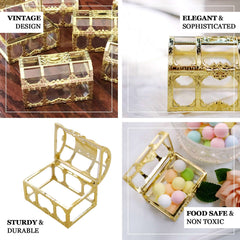 12-Pack Vintage Jewelry Box Candy Containers Clear Gold - Stylish Treasure Chest Favor Boxes 3.5"