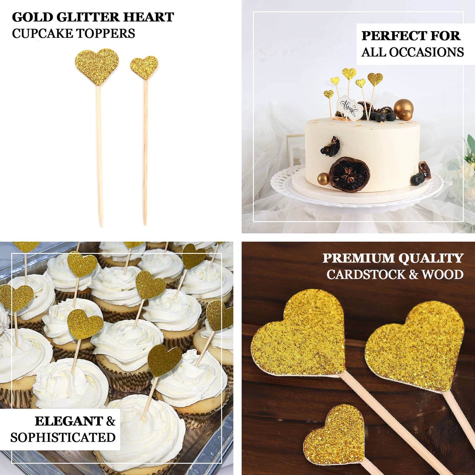 24-Pack Cupcake Topper Picks Heart Shaped Design Glitter Gold - Party Cake Toppers 4.5", 4"