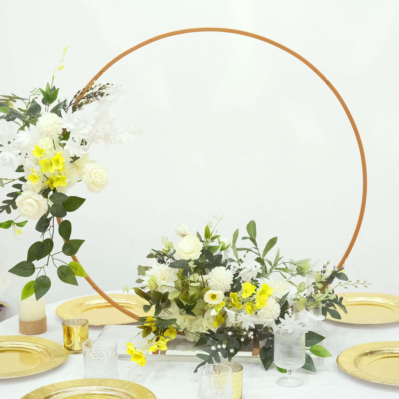 32" Gold Metal Round Hoop Wedding Centerpiece, Self Standing Table Floral Wreath Frame