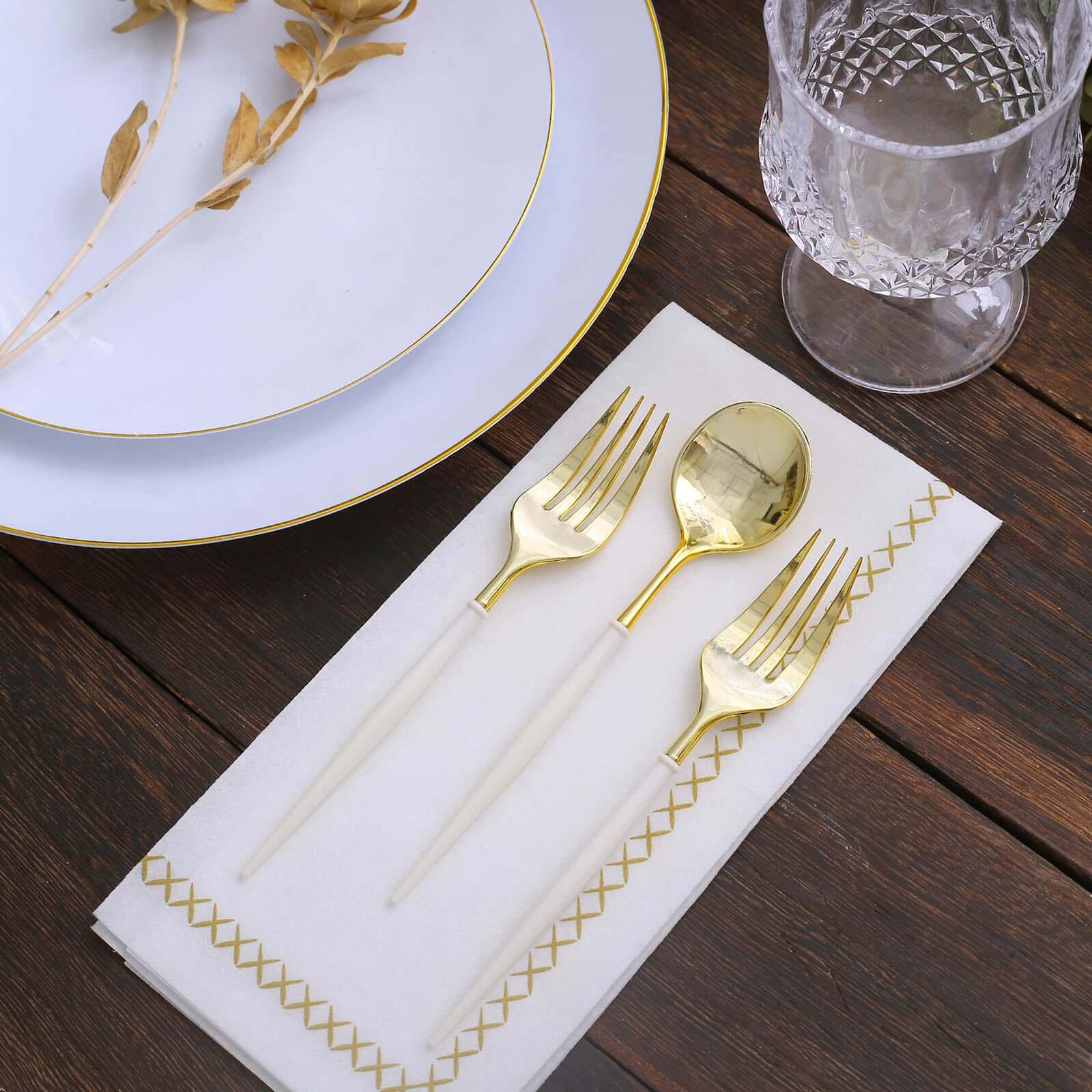 24-Pack Plastic Fork and Spoon Set Gold/Ivory - Heavy Duty Disposable Modern Utensils 6"