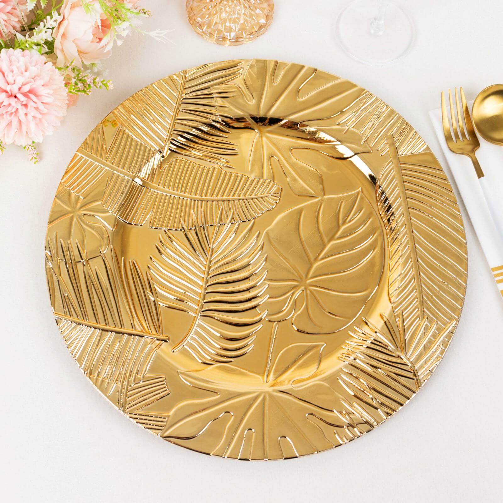 6-Pack Acrylic Round Charger Plates 13" in Metallic Gold with Embossed Tropical Leaves, Decorative Dinner Charger Tableware