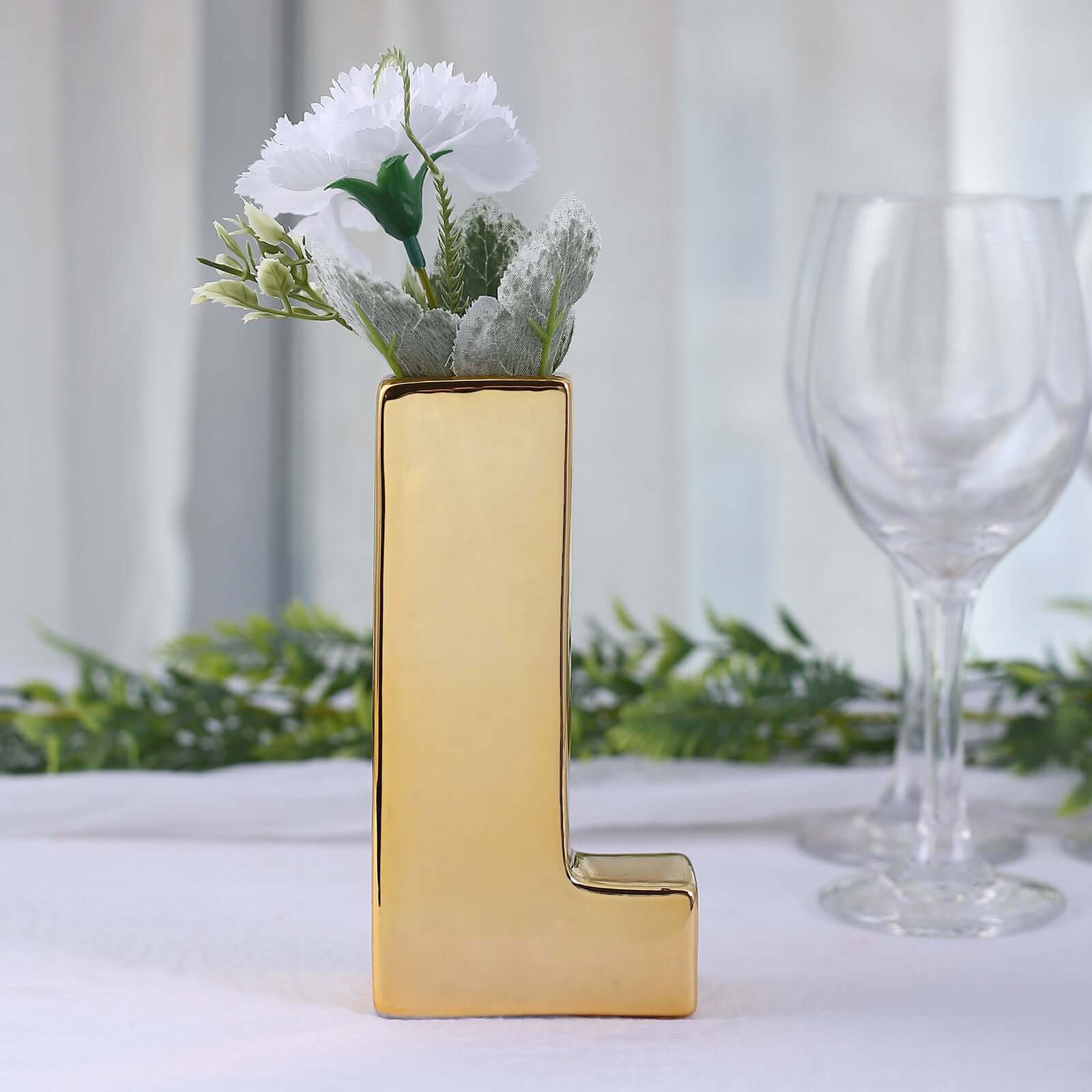 Shiny Ceramic Vase Letter "L" Gold Plated - Chic Bud Planter Pot for Events & Decor 6"