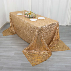 Mesh 90"x156" Rectangle Tablecloth Gold - Wave Sequin Embroidered Design for Refined Occasions