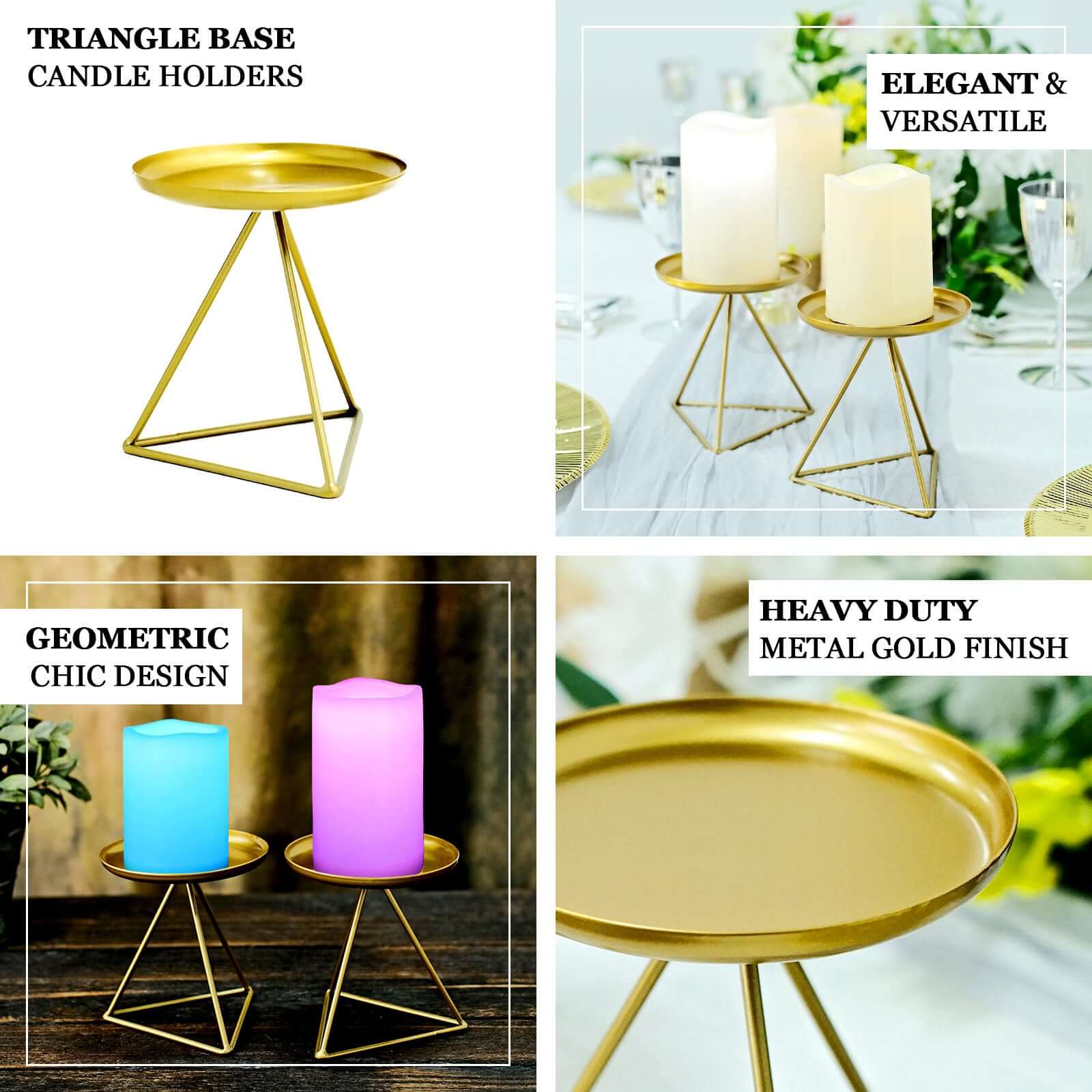 2-Pack Pillar Candle Holders Gold Metal Geometric Triangle Base Design - Decorative Centerpiece 5"