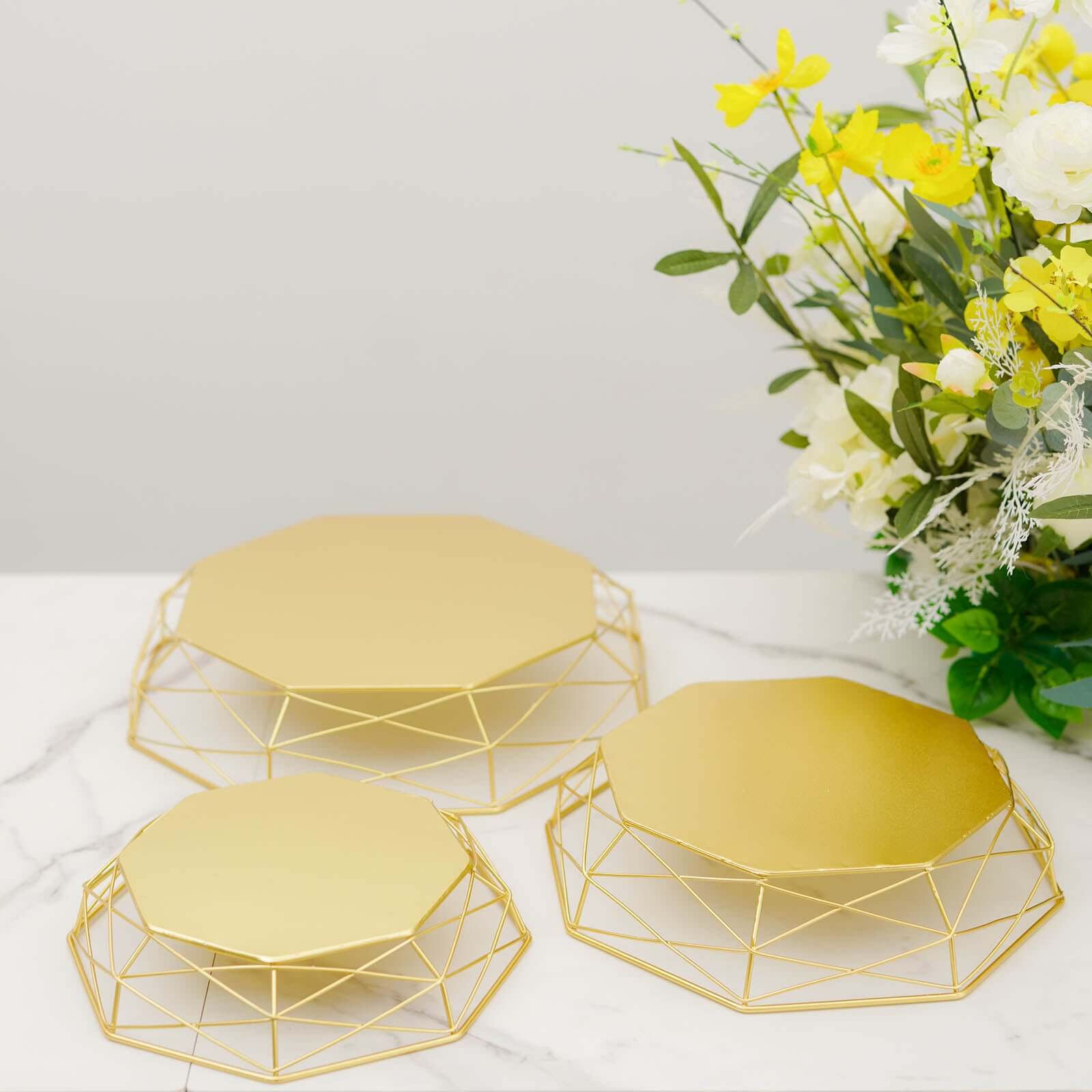 Set of 3 Metal Cake Stands Geometric Reversible Octagon Design Gold - Dessert Display Baskets 7", 9", 11"