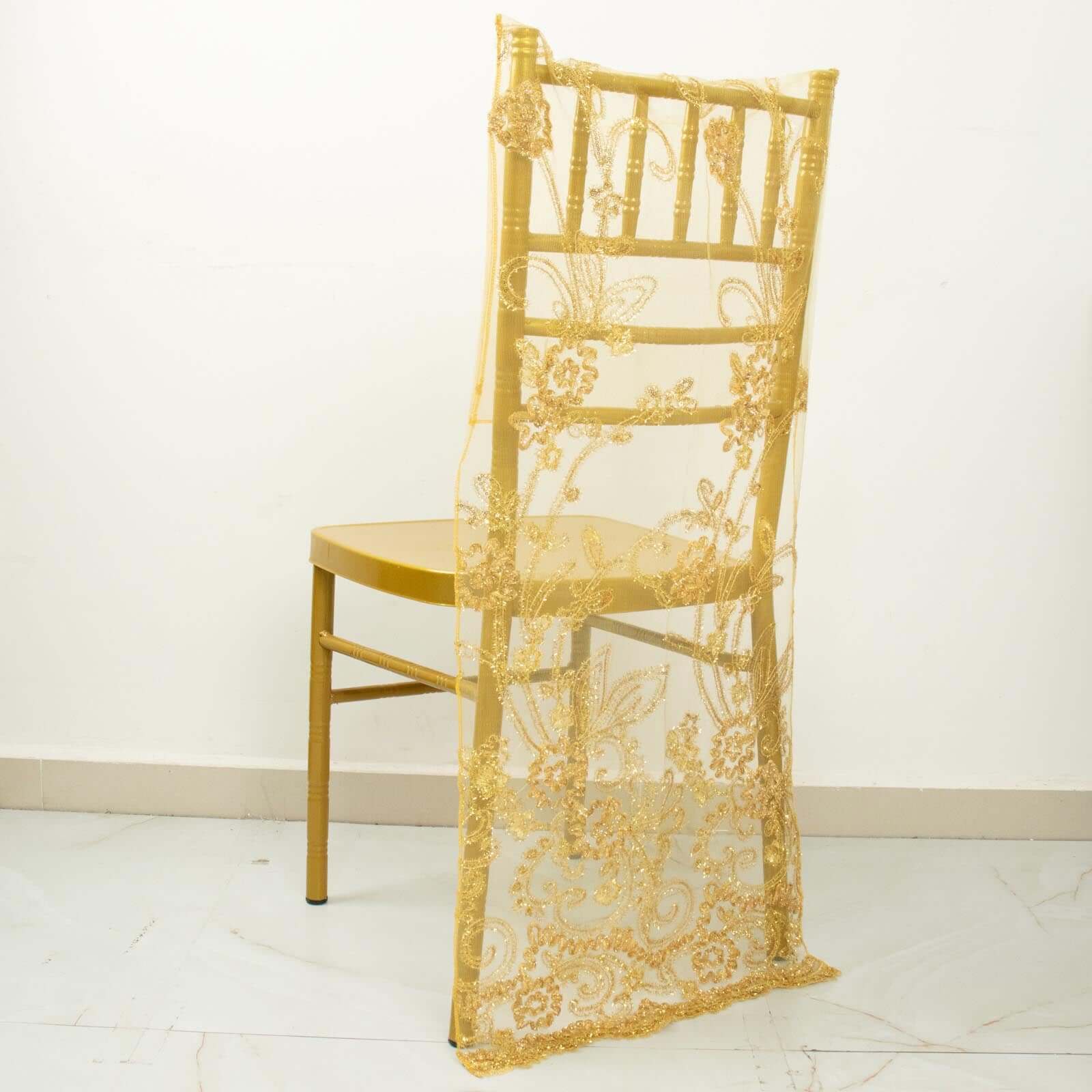 Organza Chiavari Chair Slipcover with Floral Sequin Embroidery Gold - Lace Chair Back Cover