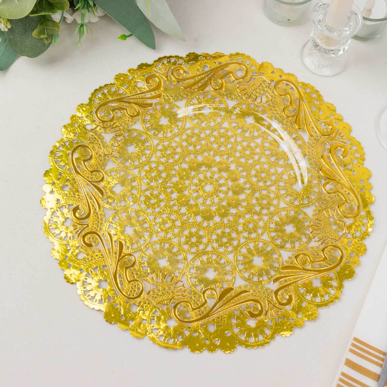 50-Pack Paper 12" Round Placemats in Metallic Gold - Disposable 50GSM Lace Doilies with Medallion Style for Dessert Display & Table Decor