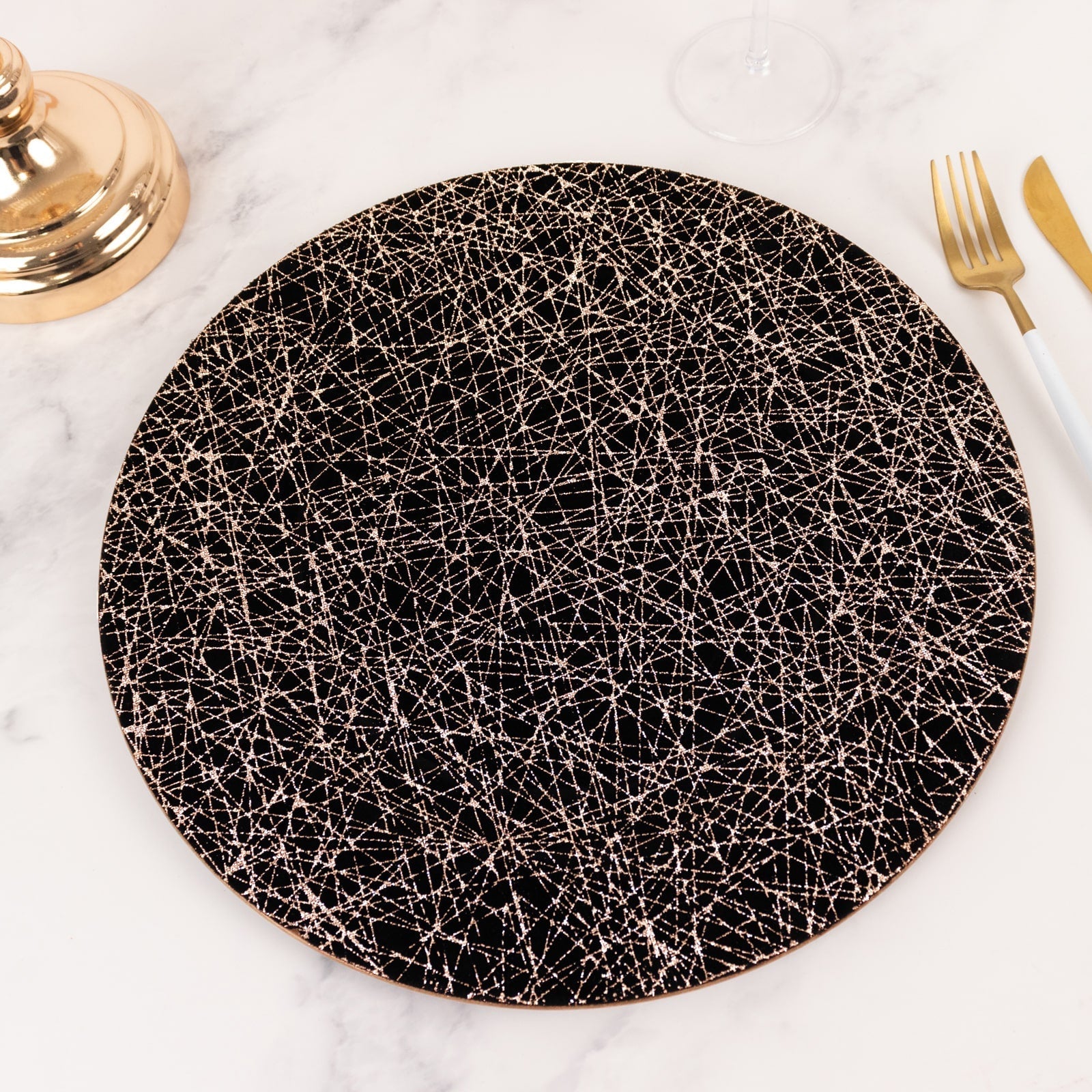 6-Pack Acrylic Round Charger Plates 13" in Black with Gold Glitter Abstract Lines Pattern, Decorative Dinner Party Charger Tableware