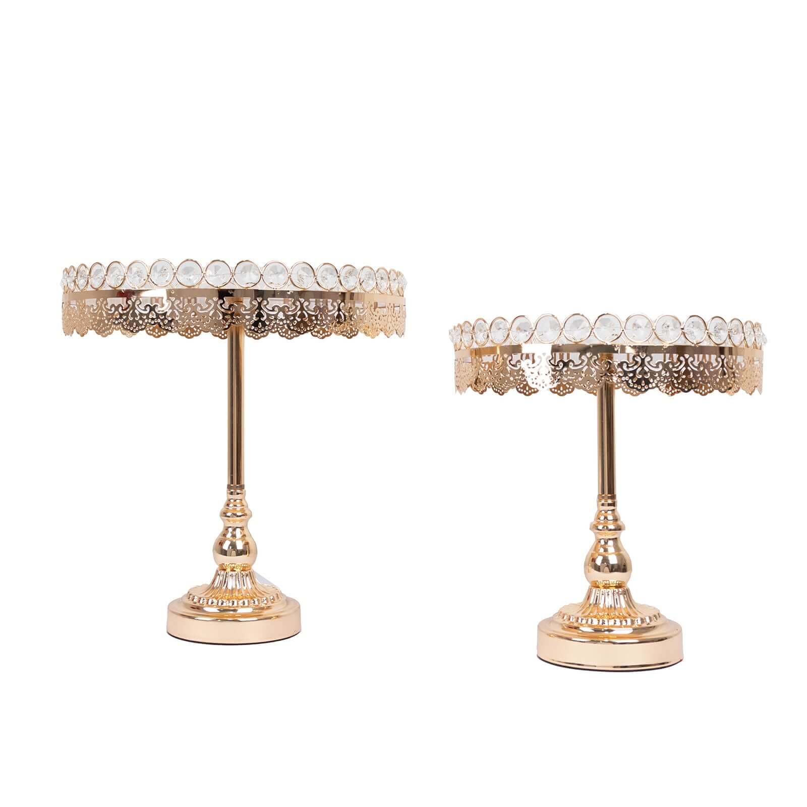 Set of 2 Pedestal Cake Stands Round Design with Mirror Top Gold - Crystal Beaded Cupcake Dessert Display Metal 11", 13"