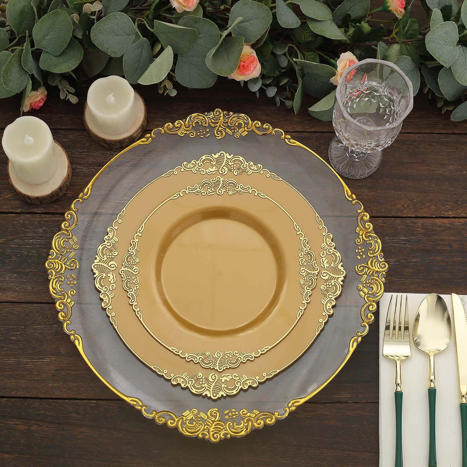 10-Pack Plastic 10" Round Dinner Plates in Gold with Leaf Embossed Rim - Disposable Vintage Baroque Style Plates for Luxurious Gatherings & Events
