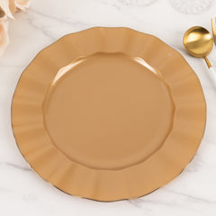 10-Pack Plastic 11" Round Dinner Plates in Gold with Ruffled Rim - Sturdy Disposable Dinnerware for Classy Events & Banquets