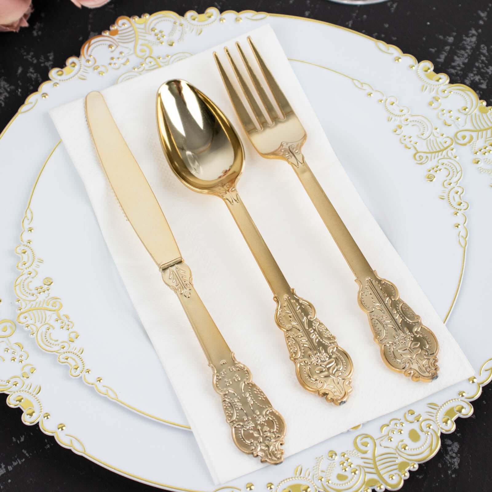 24 Pcs Plastic Silverware Set in Baroque Style Metallic Gold - Heavy Duty Disposable Knife, Fork, and Spoon Set