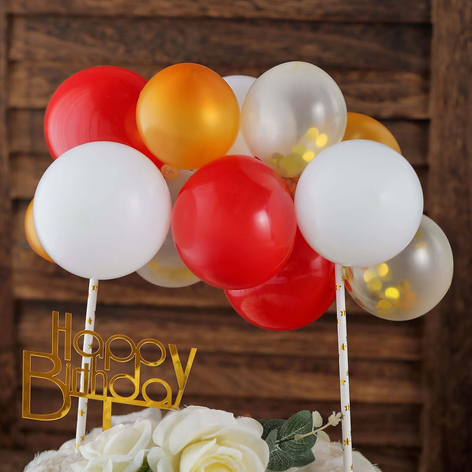 14 Pcs Balloon Cake Topper Clear, Gold, Red and White - Whimsical Clustered Mini Garland Cake Inserts DIY Party Decorations